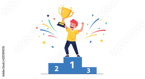Cheerful young champion boy holding a giant gold trophy cup on the winner podium with colorful confetti exploding.