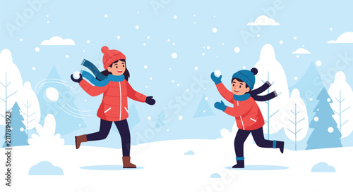 Two happy young children playing a playful snowball fight game together in a beautiful snowy winter park landscape.