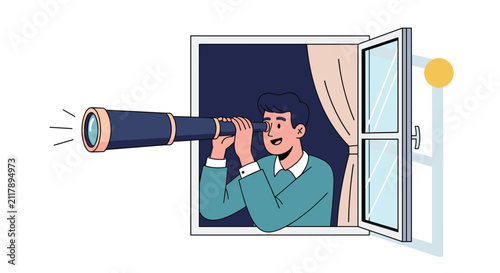 Curious man looking through a telescope from his window during the night to watch stars or spy on neighbors.
