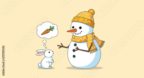 Cute little white rabbit dreaming of a carrot nose while looking at a friendly snowman wearing a scarf and hat.