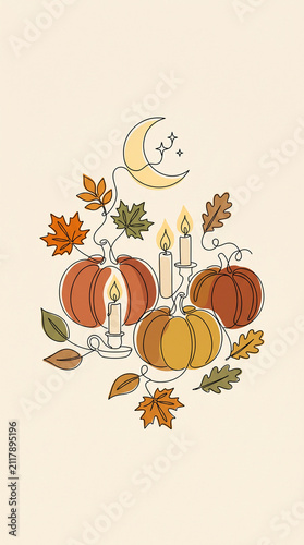 Minimal Halloween illustration using elegant continuous line art combined with flat organic color blocks, pumpkins, candles 