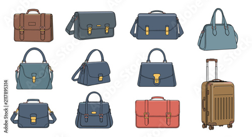 Diverse collection of classic corporate briefcases, elegant female handbags, and a brown travel suitcase on wheels.