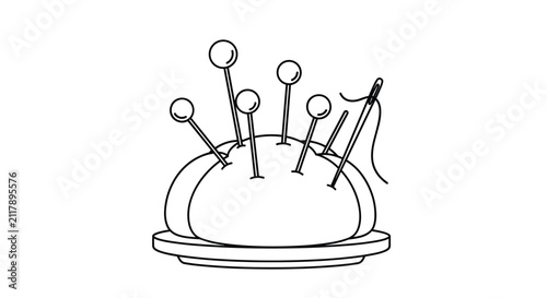 Black and white outline illustration of a sewing pincushion with needles and thread for crafts and tailoring.