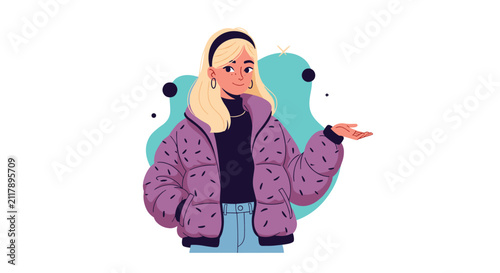 Stylish blonde girl wearing a purple puffer jacket and a headband, presenting something with an open hand gesture.