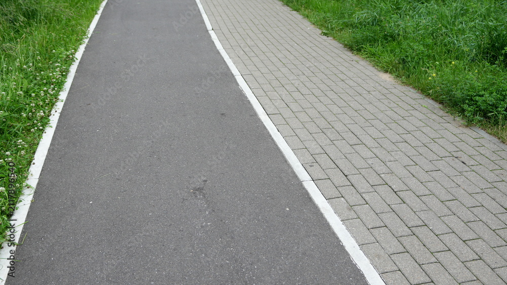 Obraz premium Green urban park pathway combining asphalt walking trail and paved sidewalk surrounded by grass and natural landscape