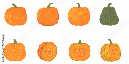 Konstfotografi Watercolor pumpkin set featuring whole halved and cross section views on a white