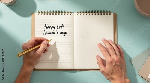 Top view of a person writing Happy Left Hander's Day with a gold pen in an open notebook, celebrating left-handed people with copy space on a pastel background style.