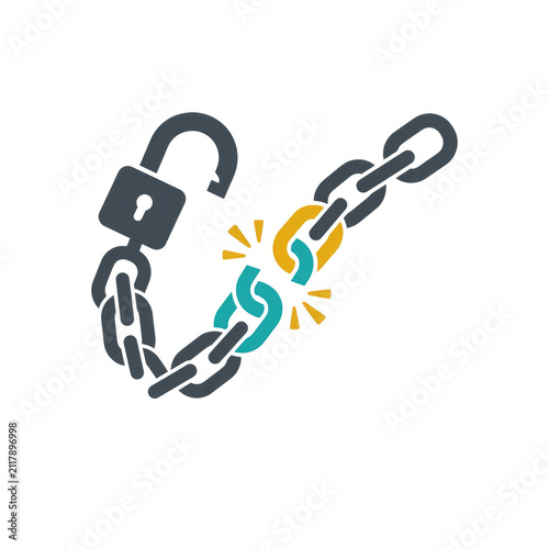 Broken chain with open padlock snapping apart, representing freedom, liberation, and overcoming limitations
