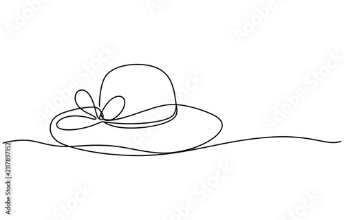 Continuous single line drawing of a summer straw hat with a ribbon bow Vector, illustration