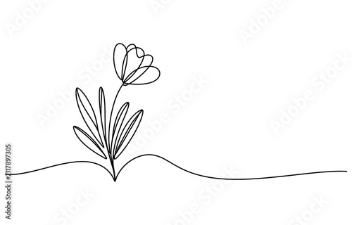 Continuous single line drawing of a simple flower with leaves Vector, illustration