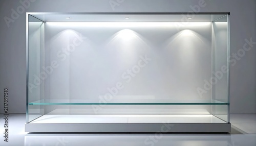 Modern illuminated glass display case with empty shelves and clean white background
