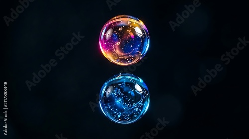 Two colorful soap bubbles floating in the dark with glowing light reflections and beautiful bright surface colors