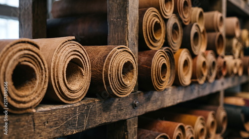 Rolls of brown leather stored on wooden shelves in a tannery warehouse