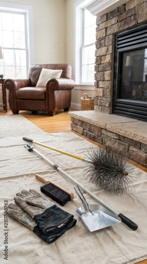 Obraz premium Cleaning fireplace before winter, seasonal chimney maintenance, cozy home preparation, household safety.