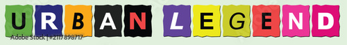 Foto Urban legend text with cutout ransom note letters isolated on light green surface