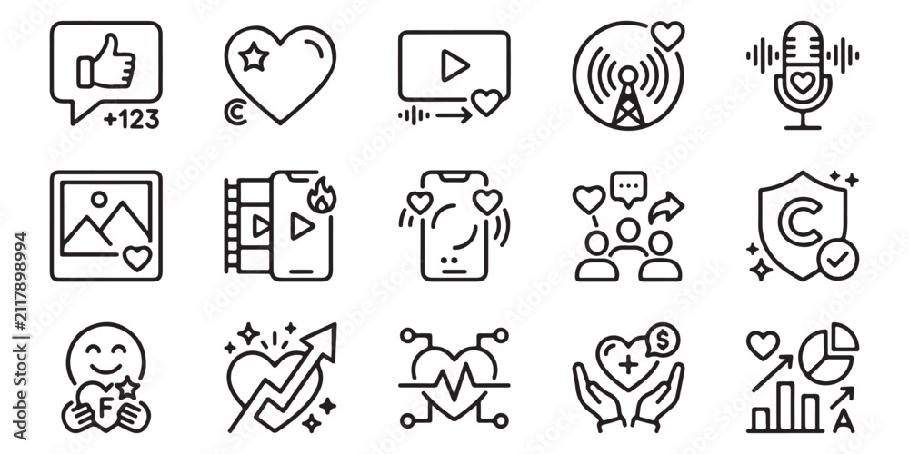 Fototapeta premium Social Media Content Creation, Digital Marketing, Engagement, and Media Monetization Vector Line Icons Set for Multimedia, Streaming, and Branding Concepts