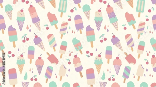 Seamless repeating vector pattern of scattered ice cream shapes in a pastel flat color palette