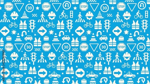 Seamless repeating vector pattern of road-safety motifs using in flat two tones
