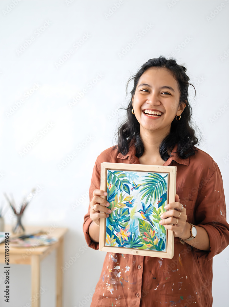 Obraz premium Smiling young woman artist holding a painted canvas in her studio