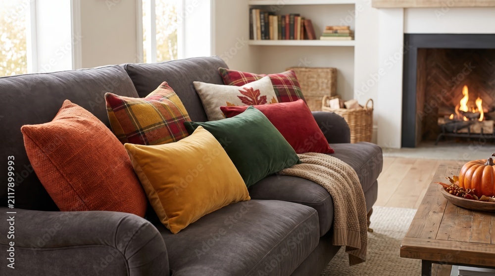 Obraz premium Cozy autumn living room with warm blankets and seasonal decor, comfortable family home interior.