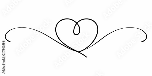 Quadro su tela Continuous line heart drawing with swirling flourishes a black silhouette on a w