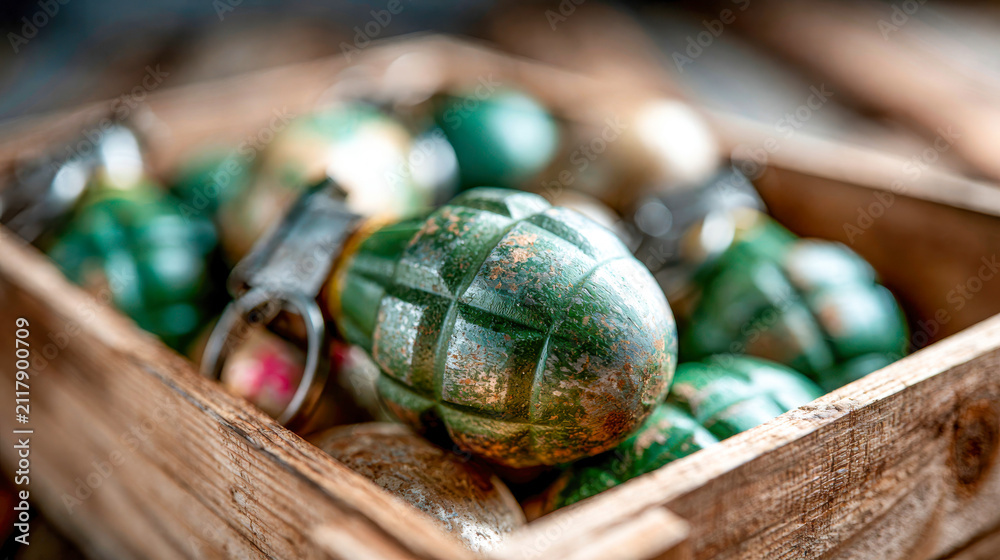 Obraz premium Weathered metal hand grenades stored inside a wooden crate, representing military ammunition, warfare, danger, and tactical equipment
