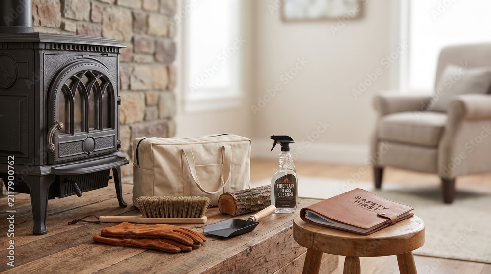 Obraz premium Fireplace maintenance supplies arranged in a cozy living room, seasonal chimney care, winter home preparation, household safety.