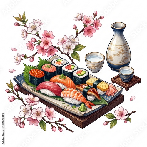 Elegant Japanese Sushi Plate with Sake Set Chopsticks Soy Sauce and Cherry Blossom Branches Traditional Asian Cuisine Isolated on White
