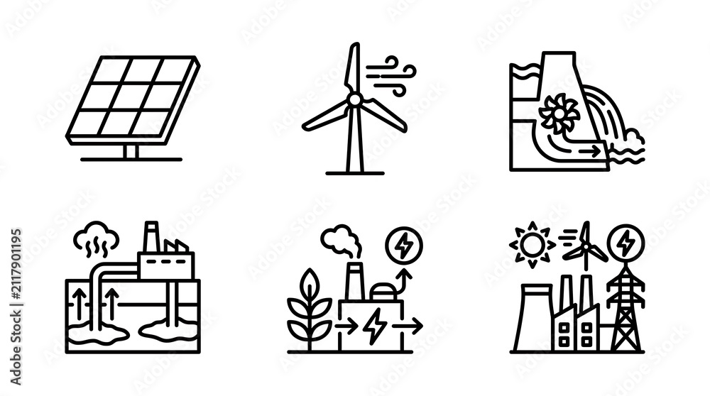 Fototapeta premium Renewable Energy and Sustainable Power Line Icon Set