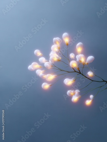 Glowing light bulbs growing from a branch against a serene blue background, depicting illuminated innovation, creative ideas, and sustainable energy concepts