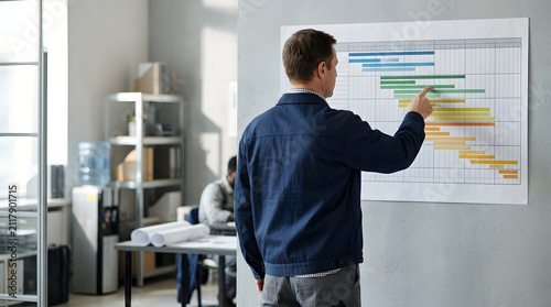 Male project manager pointing at a colorful Gantt chart on an office wall. Professional man tracking project timeline and scheduling tasks