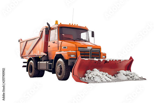 Orange dump truck with snow plow parked on white background
