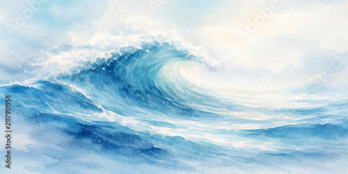 Картината върху платно Ocean wave curve line vector background with abstract splashing waves, blue ocean watercolor painting, curling surf, white sea foam, flowing marine water and soft pastel coastal sky