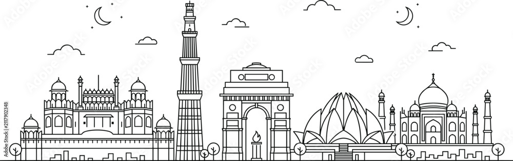 Obraz premium Indian Landmark Skyline Illustration Featuring Taj Mahal Red Fort and Iconic Monuments