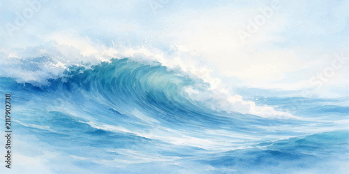 Фотография Powerful blue ocean wave watercolor painting with abstract curve line vector background, splashing waves, white sea foam, flowing marine water and soft light pastel coastal sky artwork
