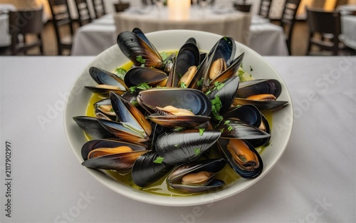 Zoom sur des moules marinières dans une assiette sur une table avec une nappe blanche 