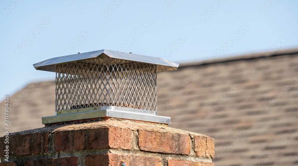 Obraz premium Leaves collected around a chimney cap on a residential roof, autumn roof maintenance, fire safety, seasonal exterior cleaning.