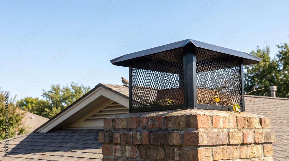 Obraz premium Leaves collected around a chimney cap on a residential roof, autumn roof maintenance, fire safety, seasonal exterior cleaning.