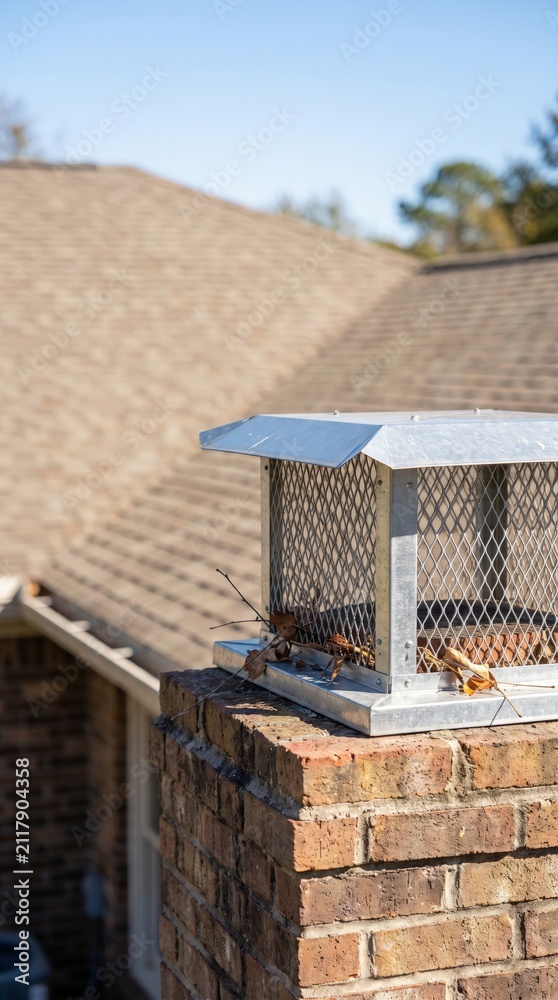 Obraz premium Leaves collected around a chimney cap on a residential roof, autumn roof maintenance, fire safety, seasonal exterior cleaning.