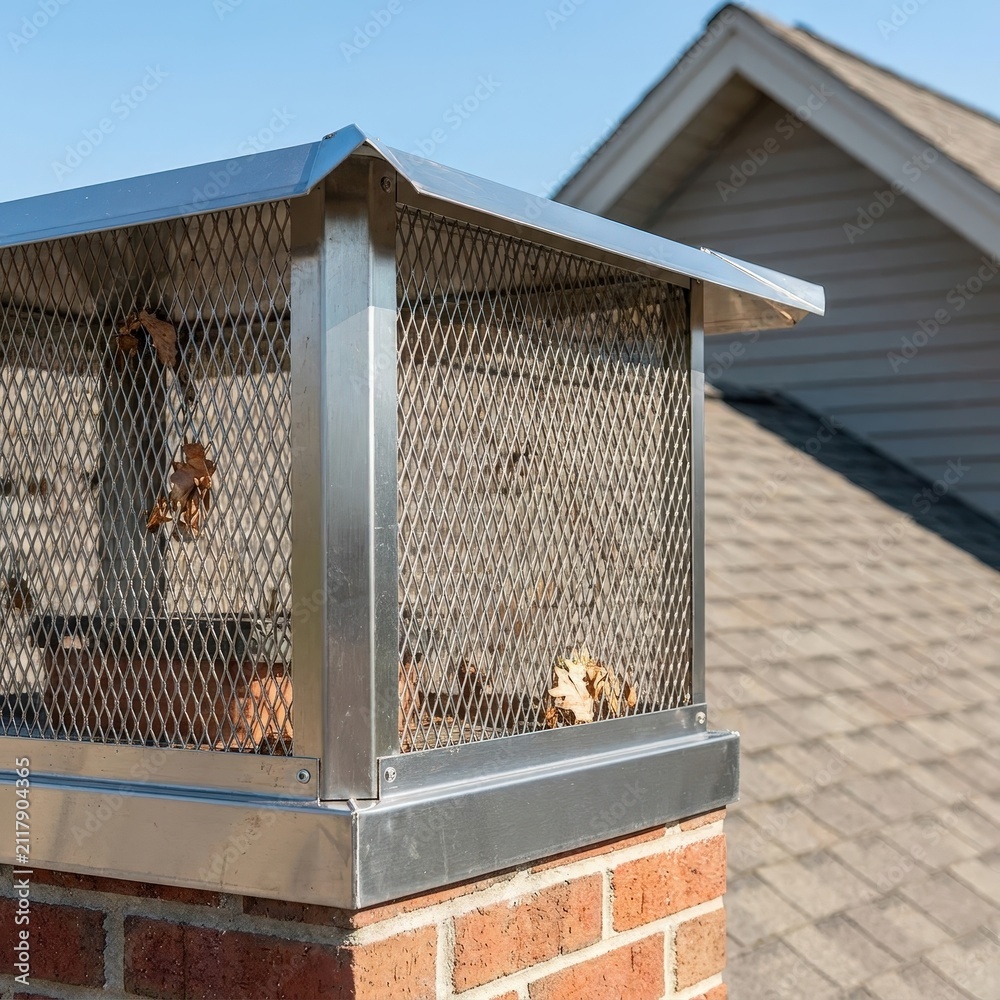 Obraz premium Leaves collected around a chimney cap on a residential roof, autumn roof maintenance, fire safety, seasonal exterior cleaning.