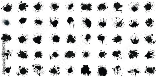 Obraz na plátně Set of splashes, blots, inked splatter, dirt stain, spray splash with drops isolated vector illustration