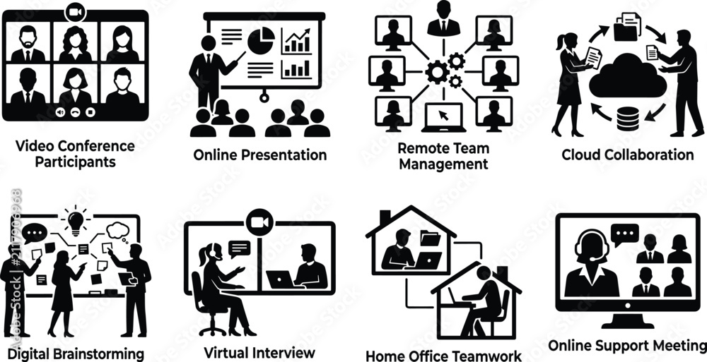 Fototapeta premium Remote work and online collaboration icon set featuring video conference, virtual interview, and team management.