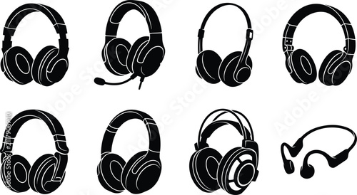 Headphones and headset silhouette icon set featuring gaming, studio, and wireless audio equipment vector illustration