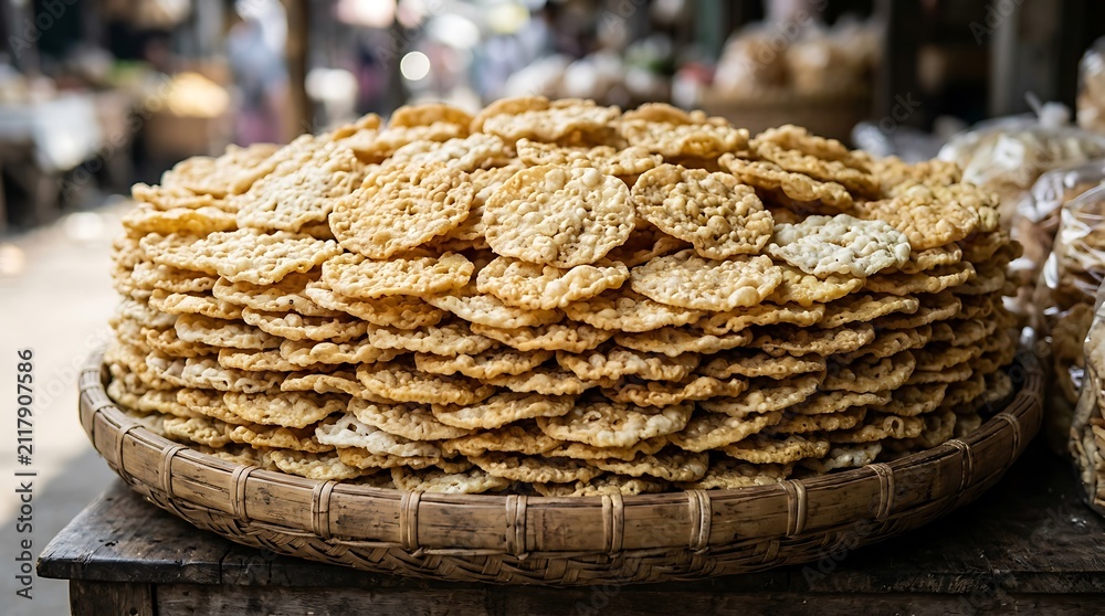Obraz premium Stack of traditional crispy golden crackers in a woven basket