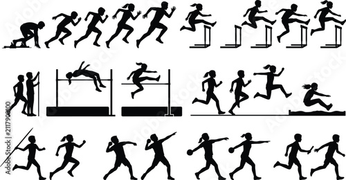 Bild auf Leinwand Kids athletics silhouettes set featuring children running, jumping hurdles, high