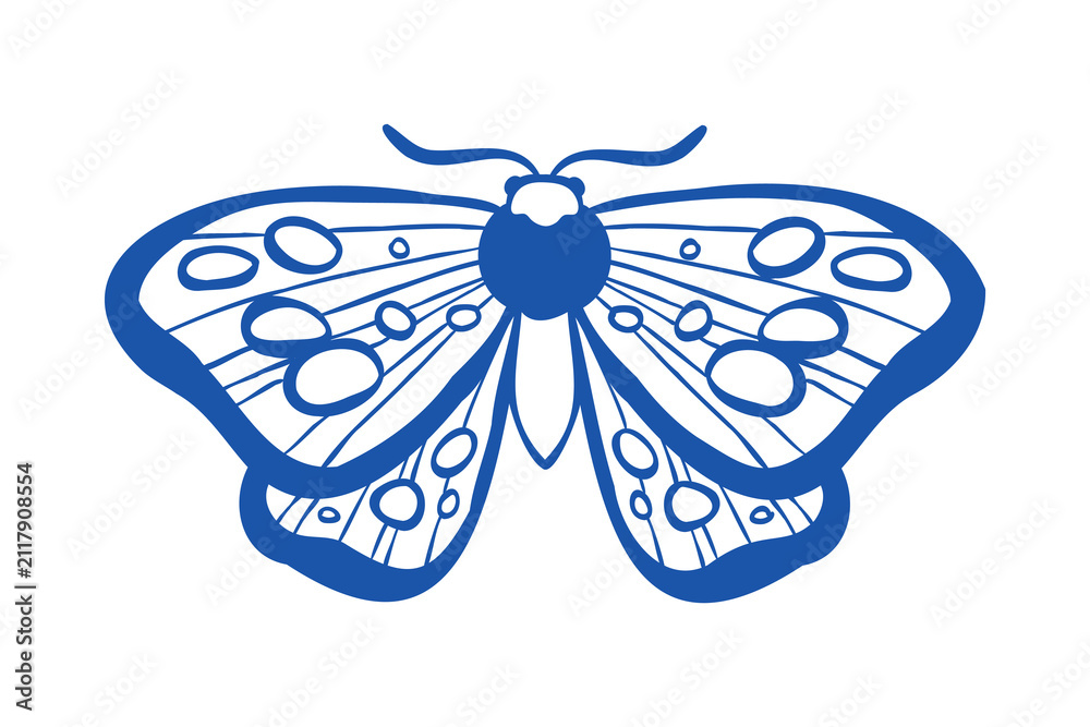 Fototapeta premium Hand-drawn vector clip art of a stylized butterfly. Minimalistic line drawing of a moth isolated on a white background. Bohemian design for web, logo, poster, sticker, or prints.