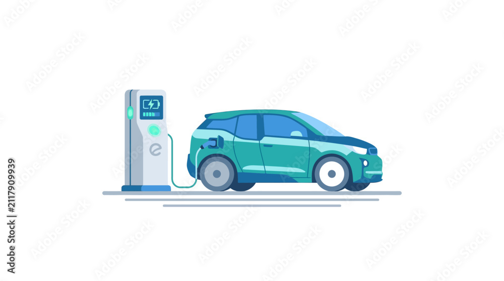 Naklejka premium Electric car charging station, modern EV vehicle plugged in, clean energy concept