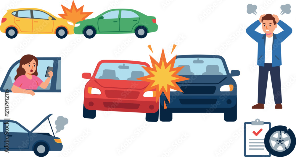 Naklejka premium Car Accident Vector Set Featuring Vehicle Collisions Angry Driver Distracted Driving Smoke Flat Tire and Insurance Claim Report Icons for Road Safety Layouts