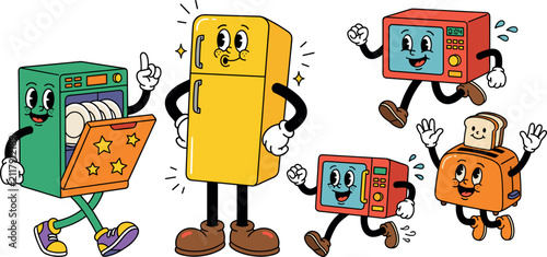 Retro Vintage Cartoon Character Set Featuring Cute Happy Kitchen Appliances Including Refrigerator Dishwasher Microwave and Toaster Vectors for Graphic Design Elements