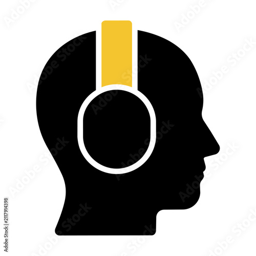 Simplified human profile icon wearing bold yellow and black industrial safety earmuffs, isolated on white background. Workplace hearing protection concept